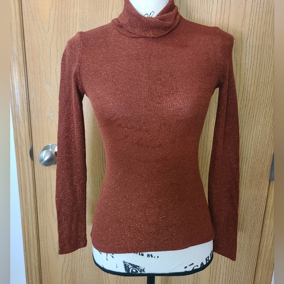 Madewell Rust Orange Autumn Metallic Shinty Turtleneck Top - Picture 1 of 3